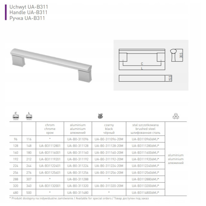 Uchwyt meblowy GTV UA-B31116006MJ INOX